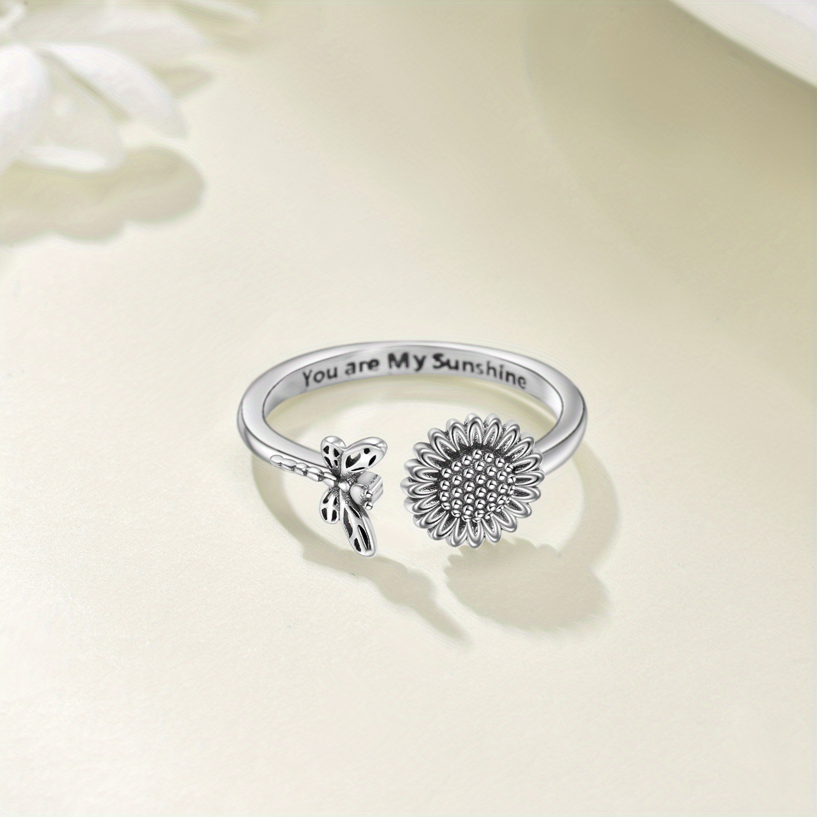 Sunflower Dragonfly Ring Sterling Silver Adjustable Vintage Sunflower Ring